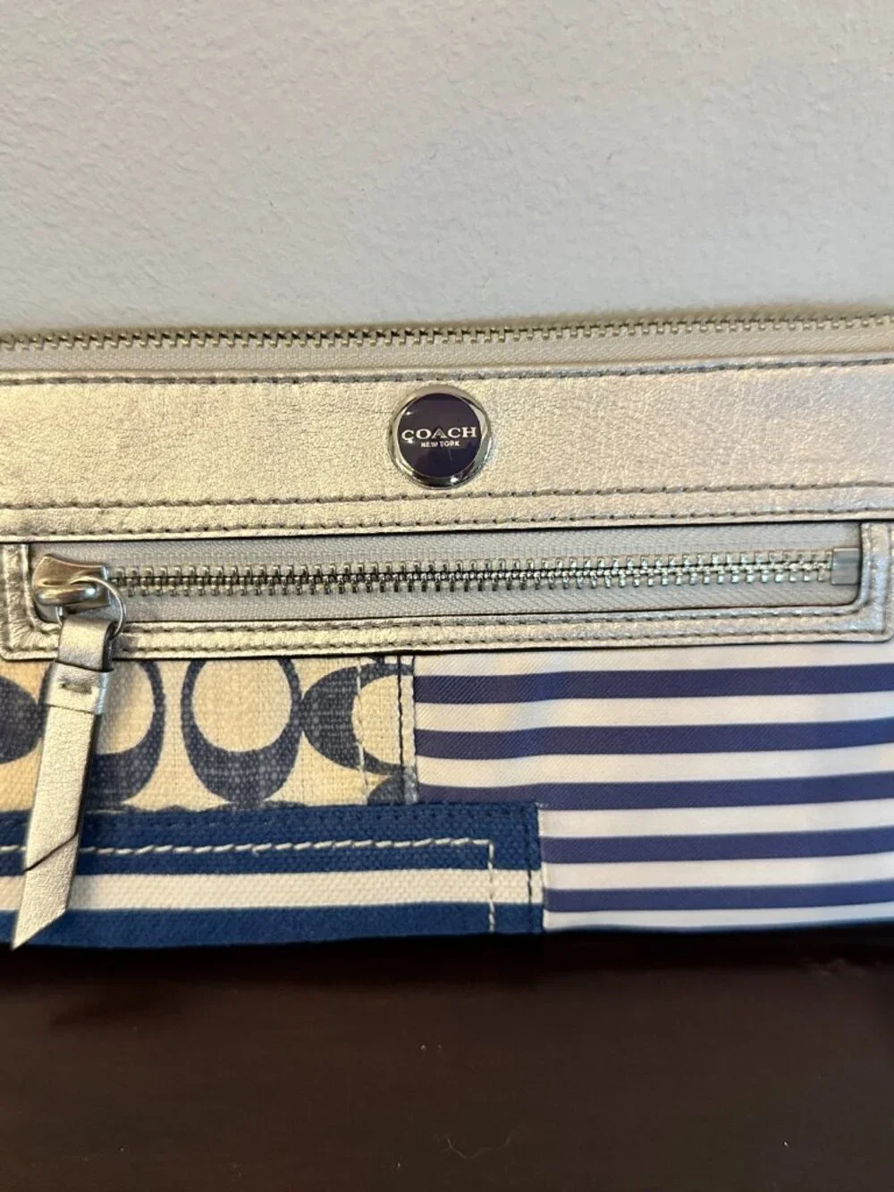 Coach Metallic Silver Leather/Canvas Patchwork Zip Wallet Wristlet Blue White